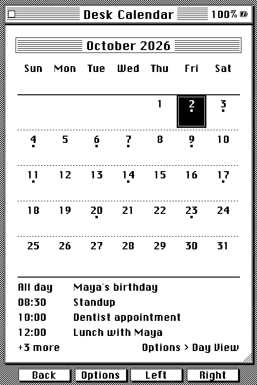 Desk Calendar with event squares