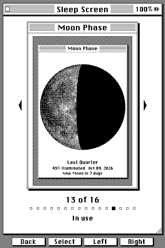 Sleep screen picker showing a live preview of the Moon Phase sleep screen